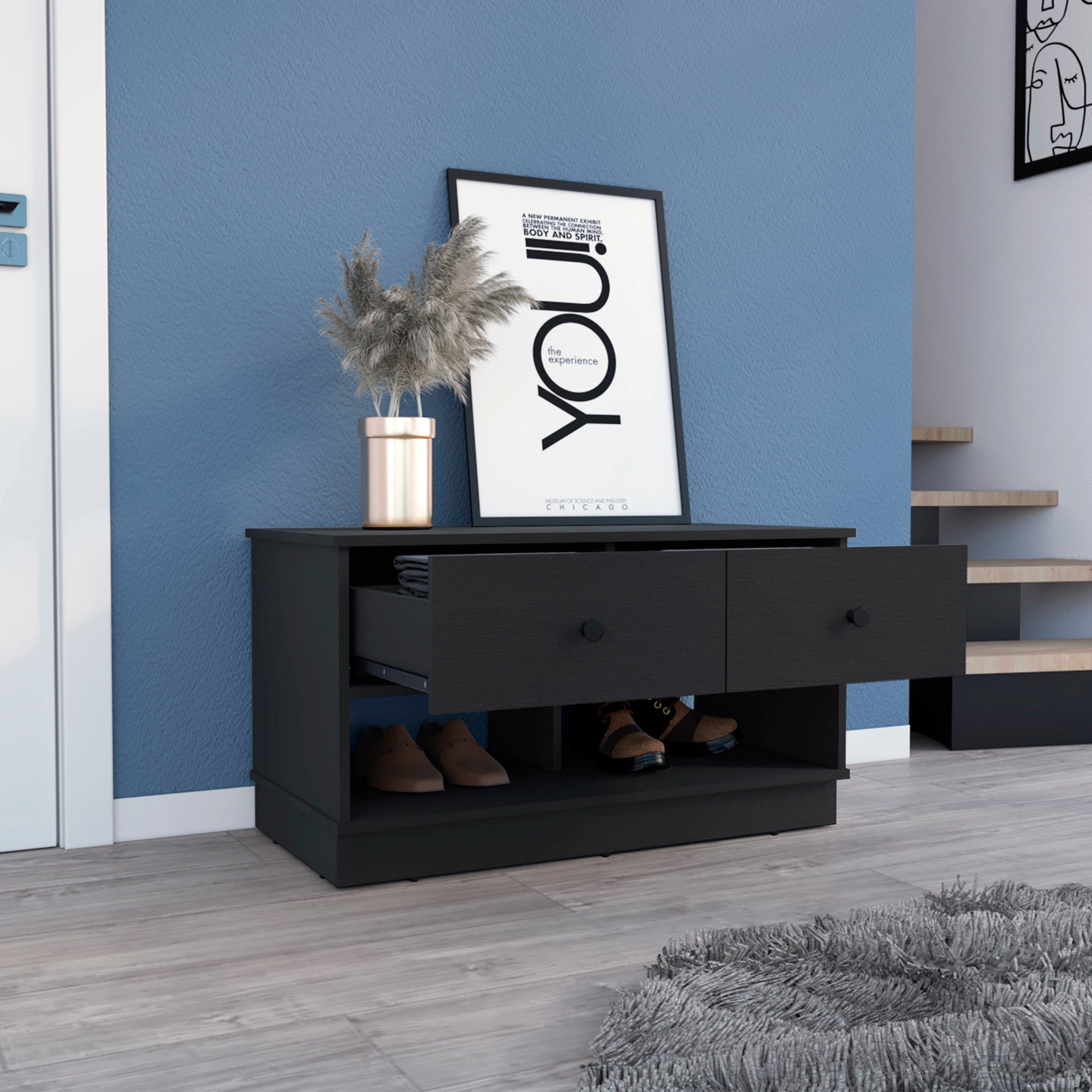 Black entryway bench with two drawers and open shelves for shoe storage