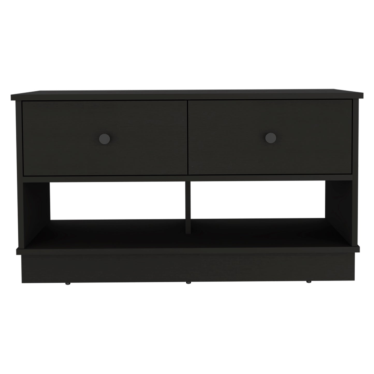 Modern black TV stand with two drawers and open shelving for media consoles