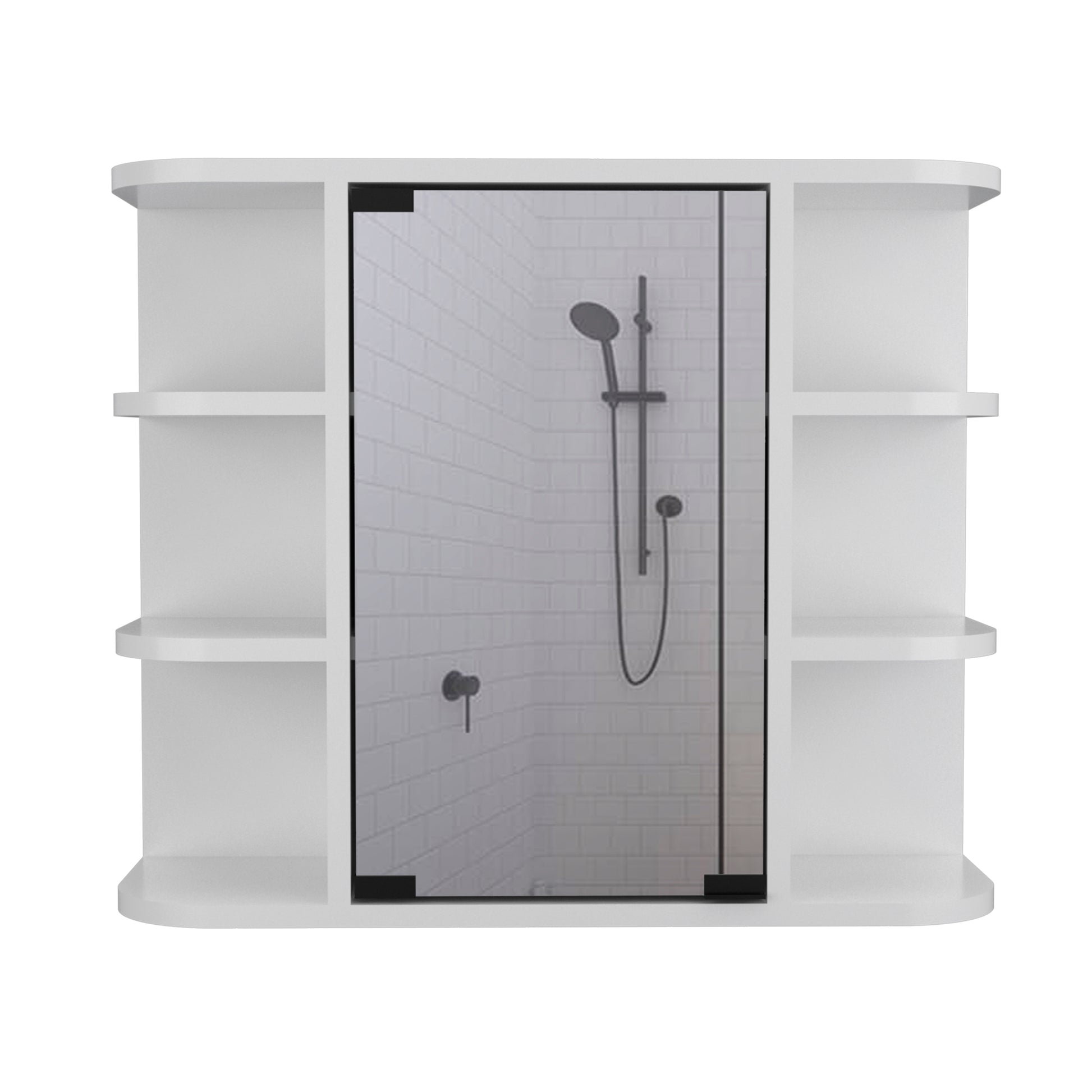 Modern white wallmounted vanity with integrated shower system and shelving