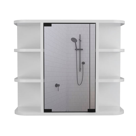 Modern white wallmounted vanity with integrated shower system and shelving