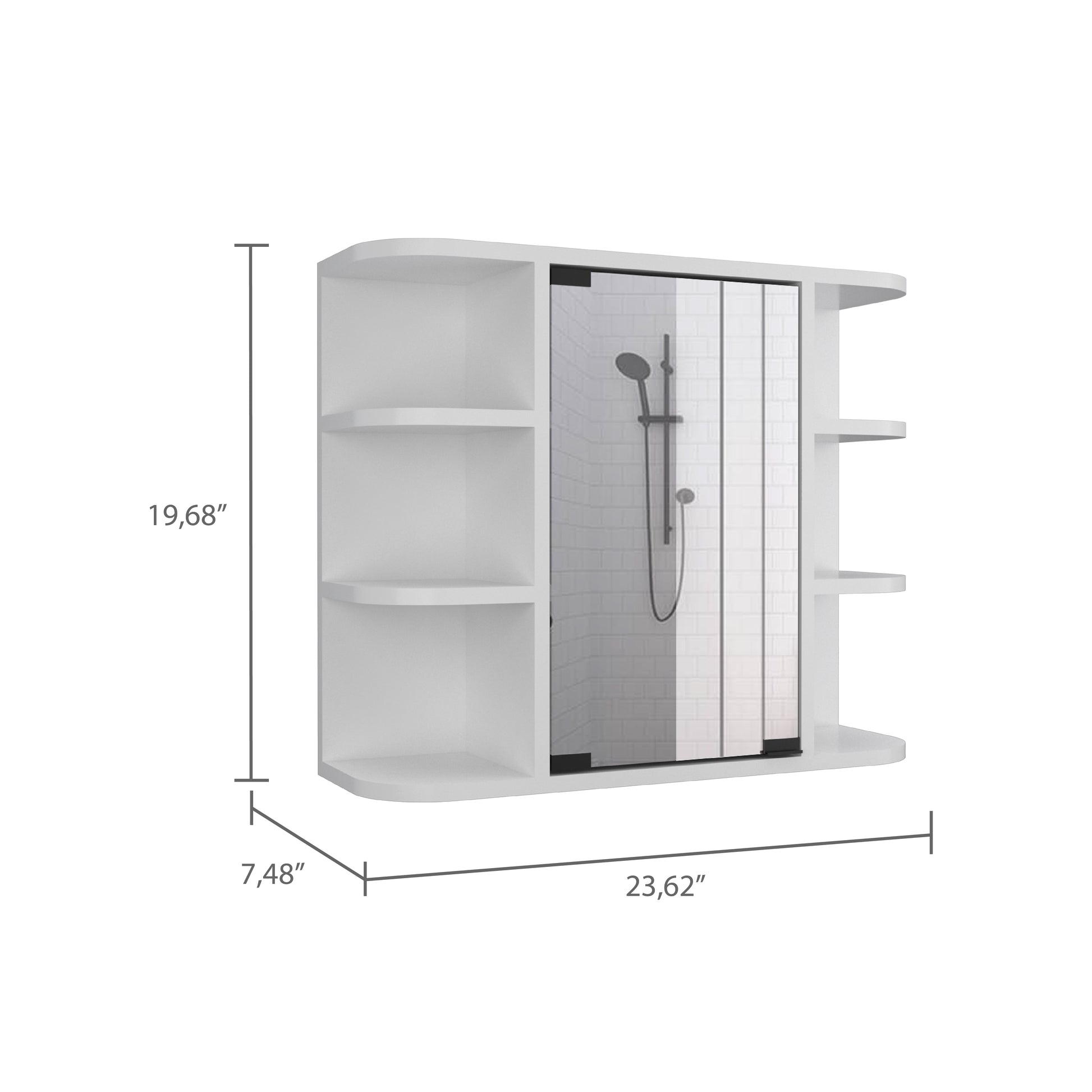 White corner shelving unit with mirrored door and shower head accessory