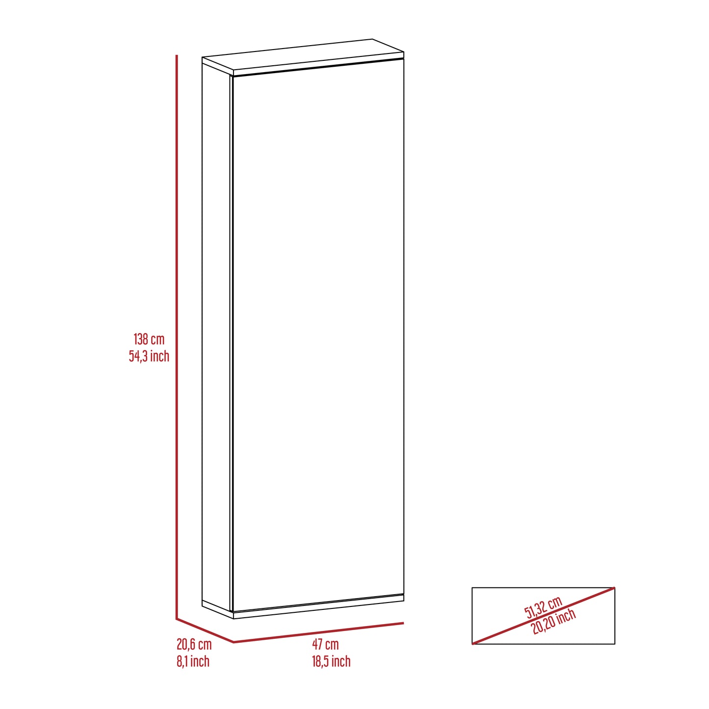 Line drawing of a tall narrow storage cabinet cm height