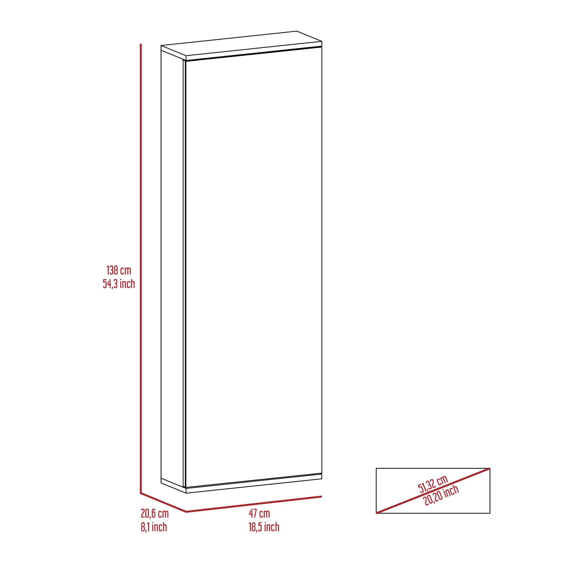 Line drawing of a tall narrow storage cabinet cm height