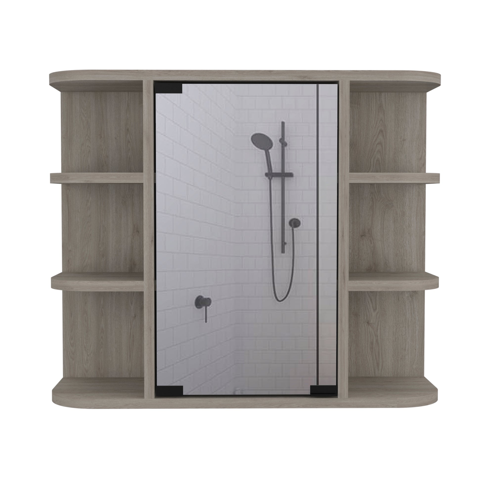 Grey wood medicine cabinet with mirrored door and open shelves for bathroom storage