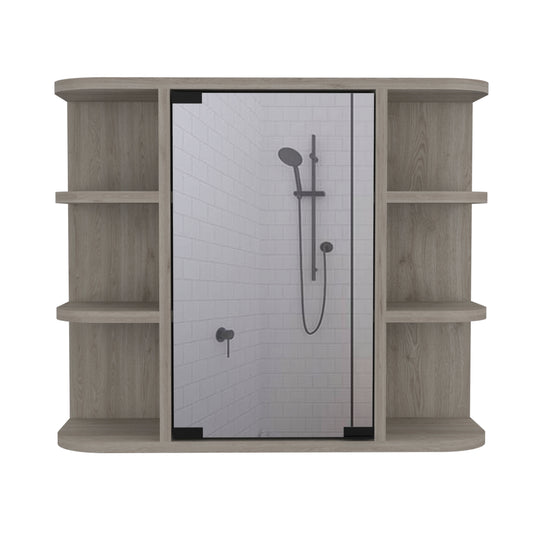 Grey wood medicine cabinet with mirrored door and open shelves for bathroom storage