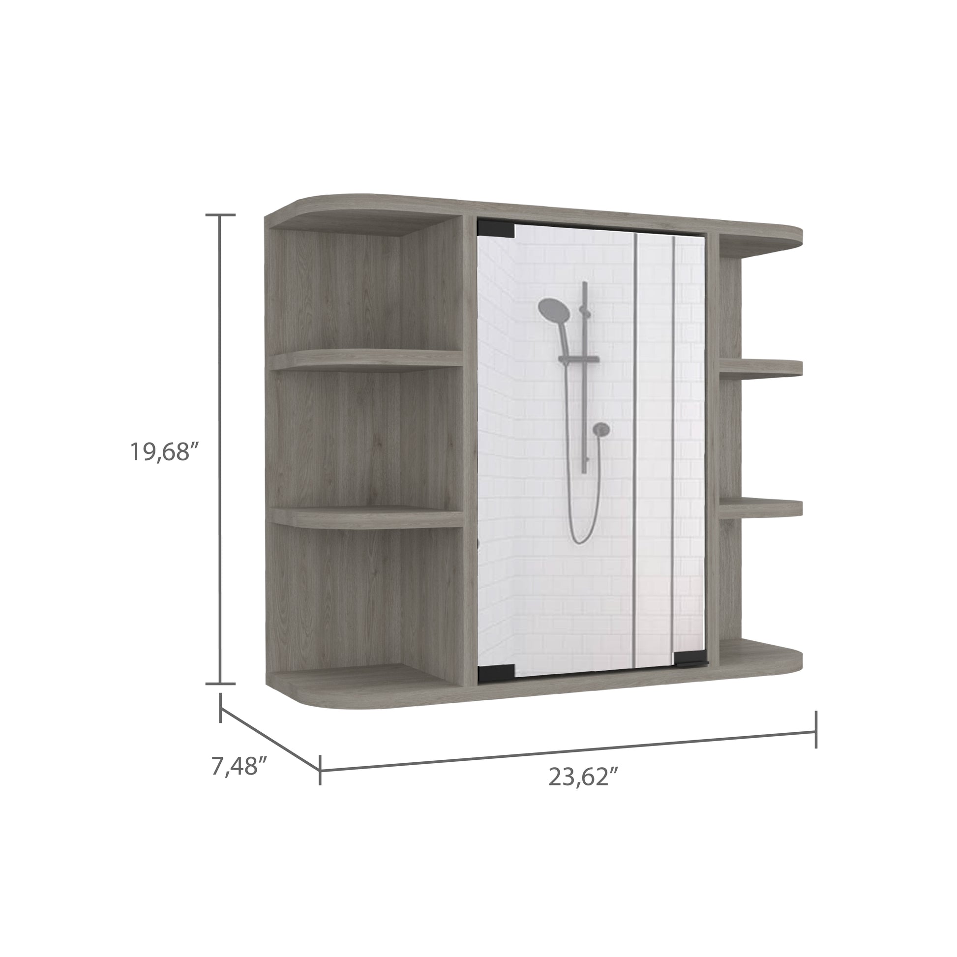 Gray wood medicine cabinet with open shelving and a mirrored door showing a shower head
