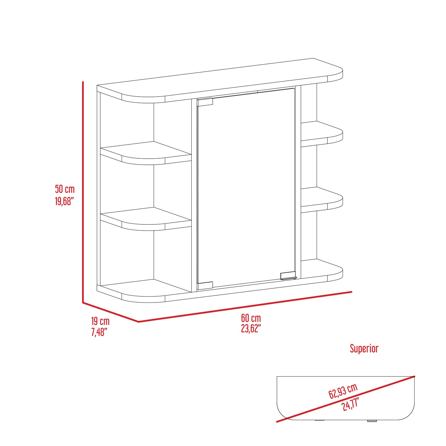Line drawing of a modern white floating shelf with rounded corners and multiple open compartments