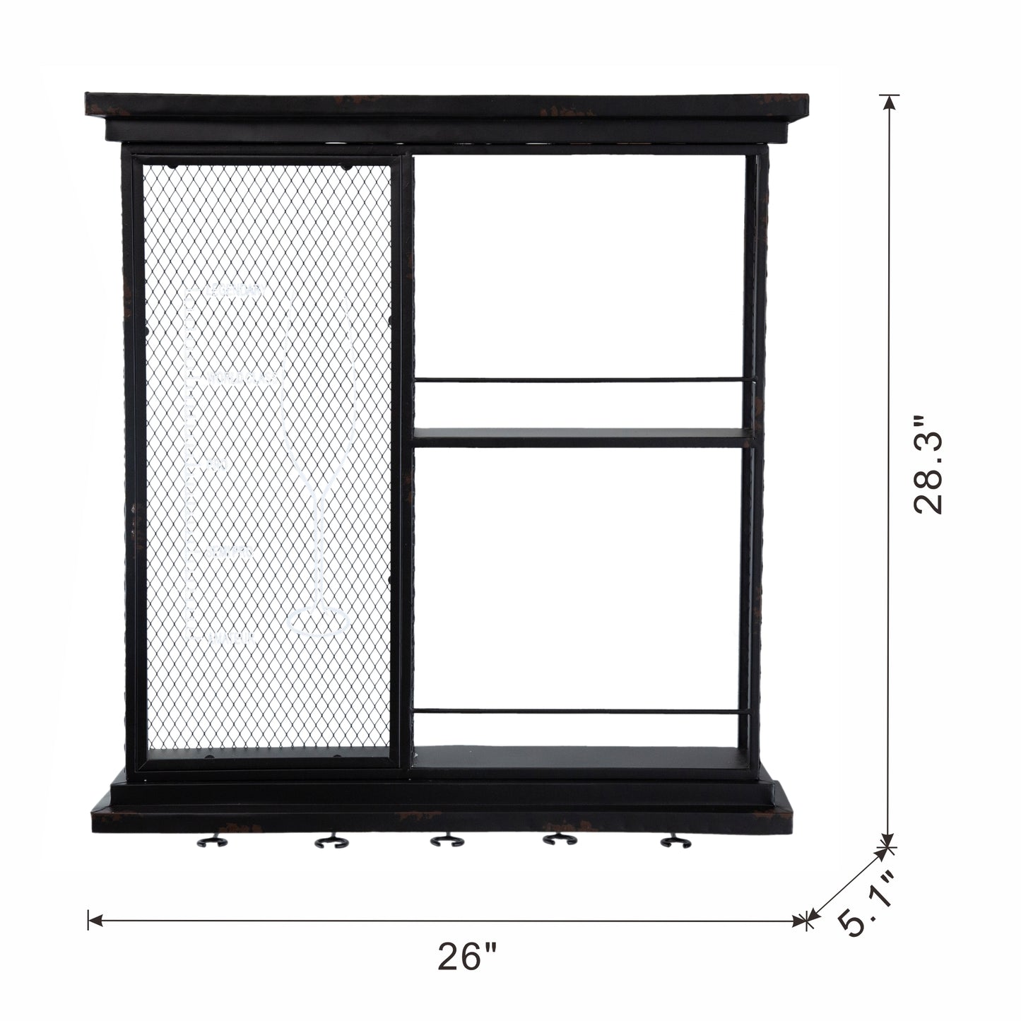 Black industrial wall shelf with mesh door and  hooks  W x  H x  D