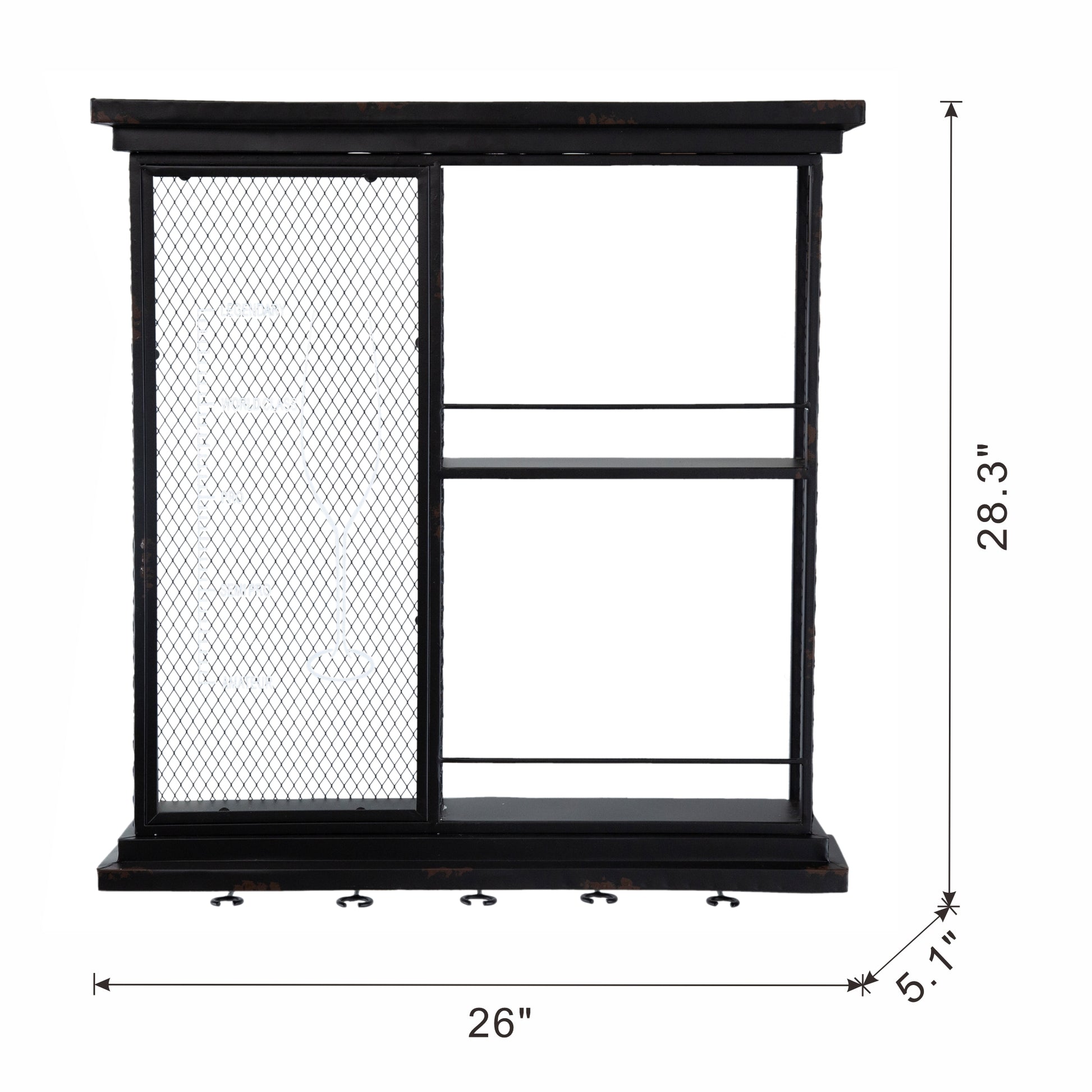 Black industrial wall shelf with mesh door and  hooks  W x  H x  D