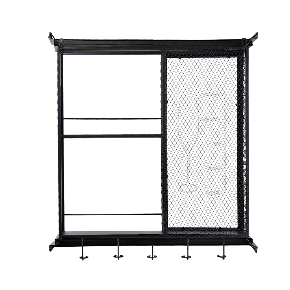 Rustic black metal wall shelf with two shelves and five hooks