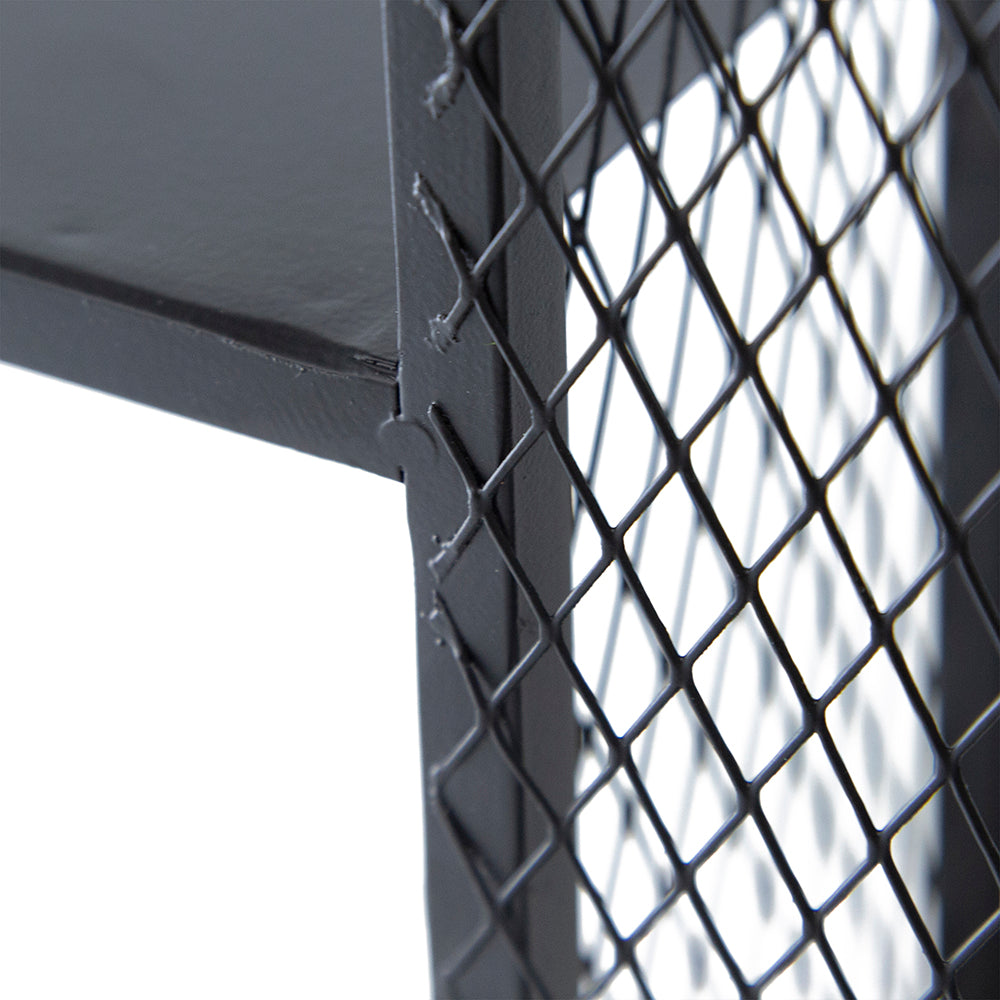 Black metal shelf unit with diamond mesh side panel