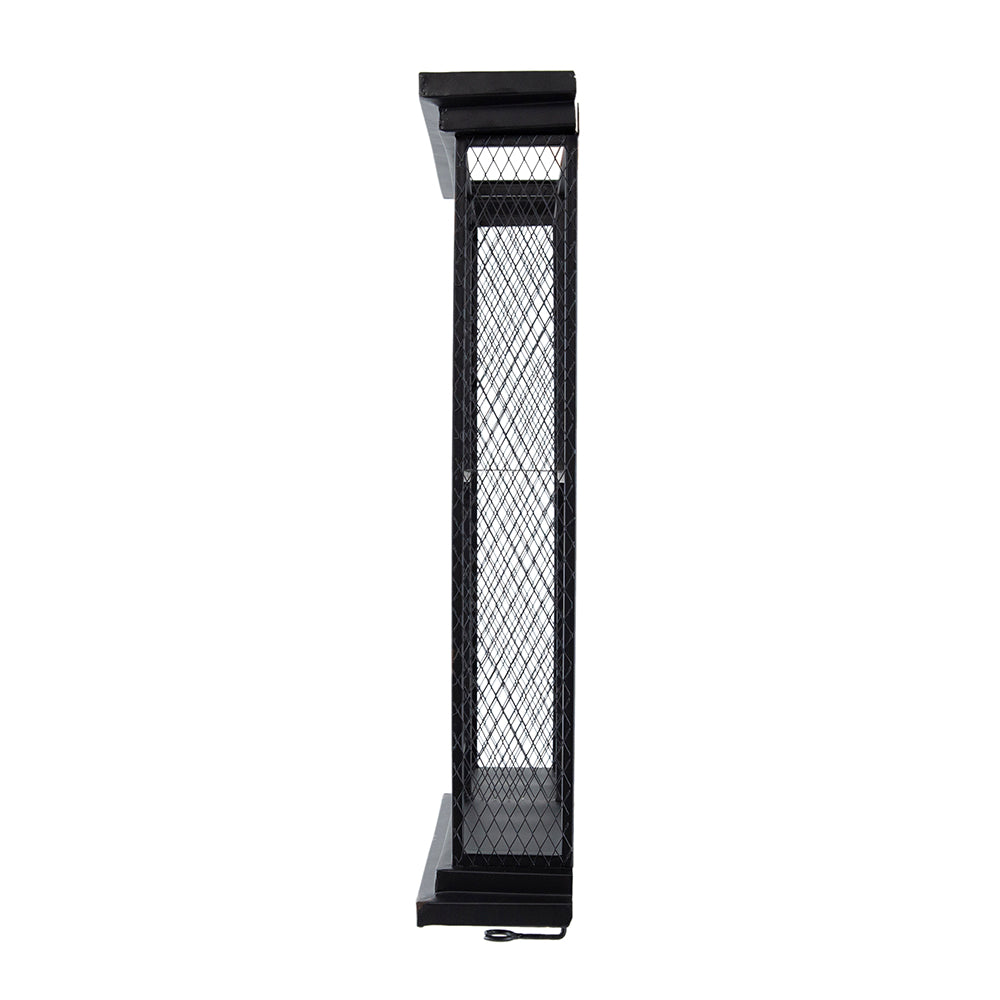 Black metal industrial wine rack with diamond mesh detailing