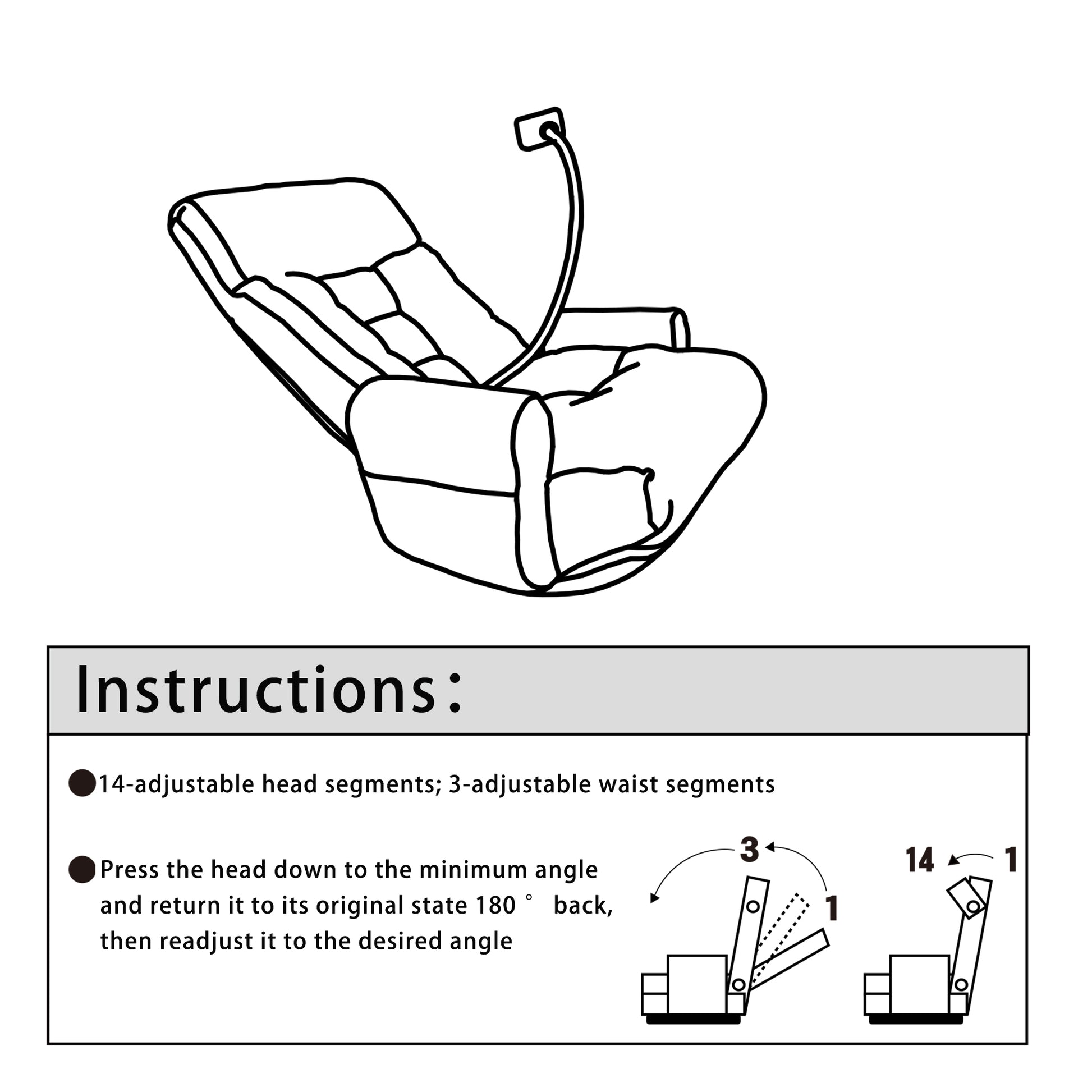Line art illustration of a comfortable reclining massage chair with adjustable features