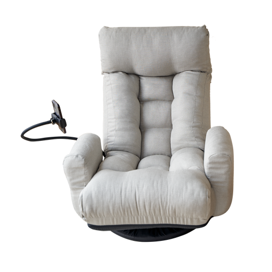 Light grey linen floor chair with adjustable back and padded seat perfect for relaxation