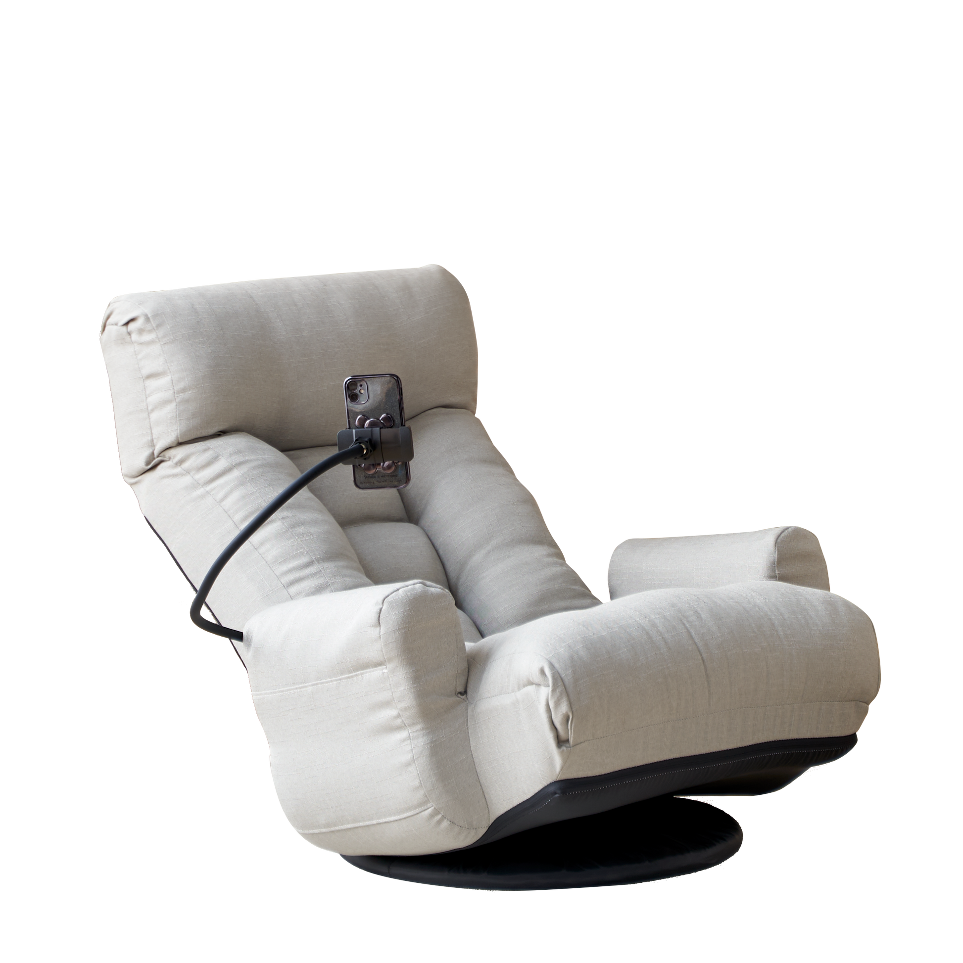 Plush beige recliner chair with adjustable armrests and integrated phone holder for comfortable viewing