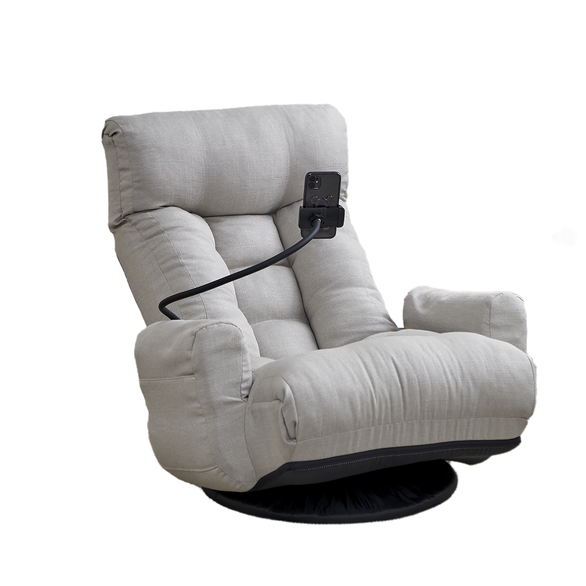 Comfortable grey upholstered floor chair with adjustable backrest and phone holder