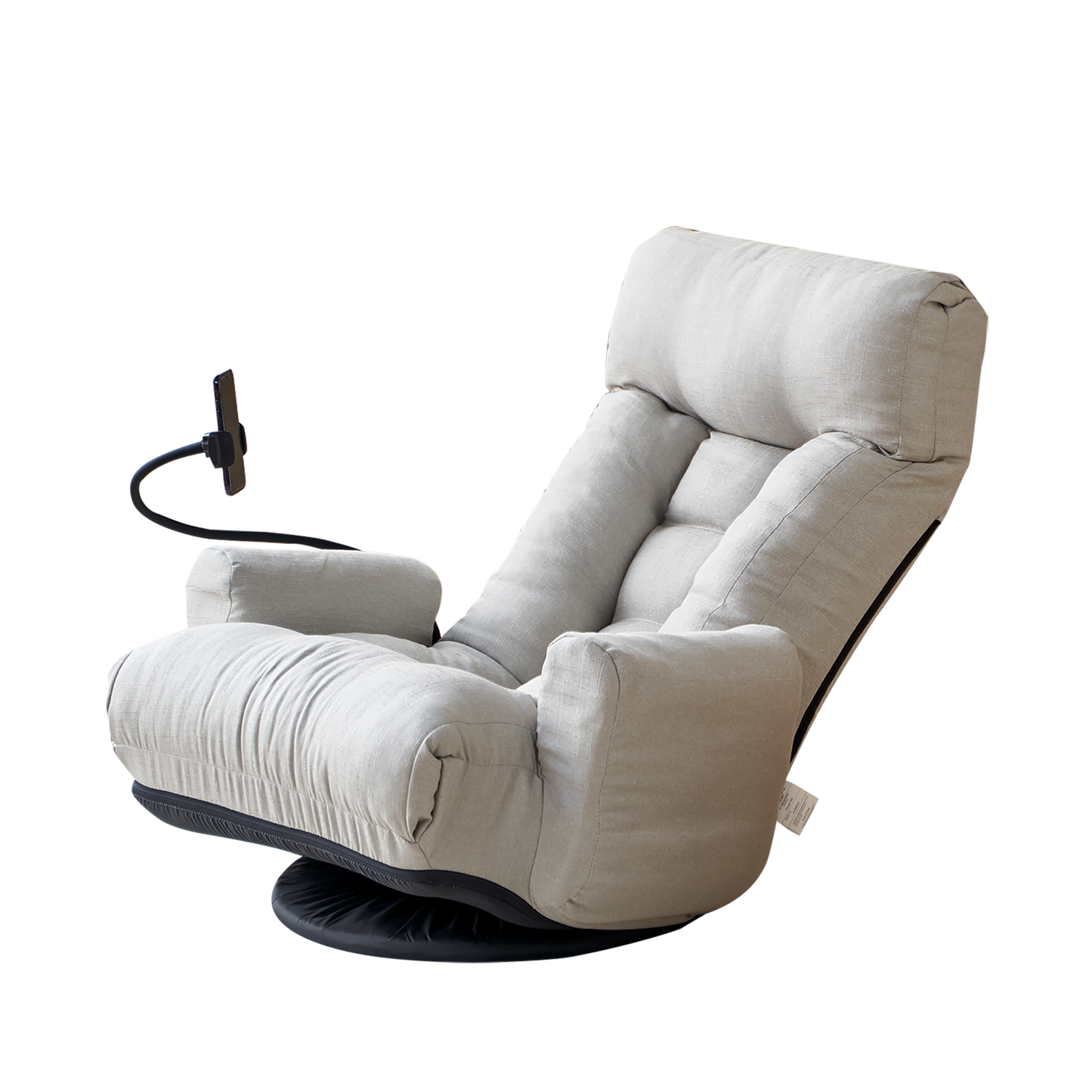 Comfortable light grey linen floor chair with adjustable backrest and tablet holder
