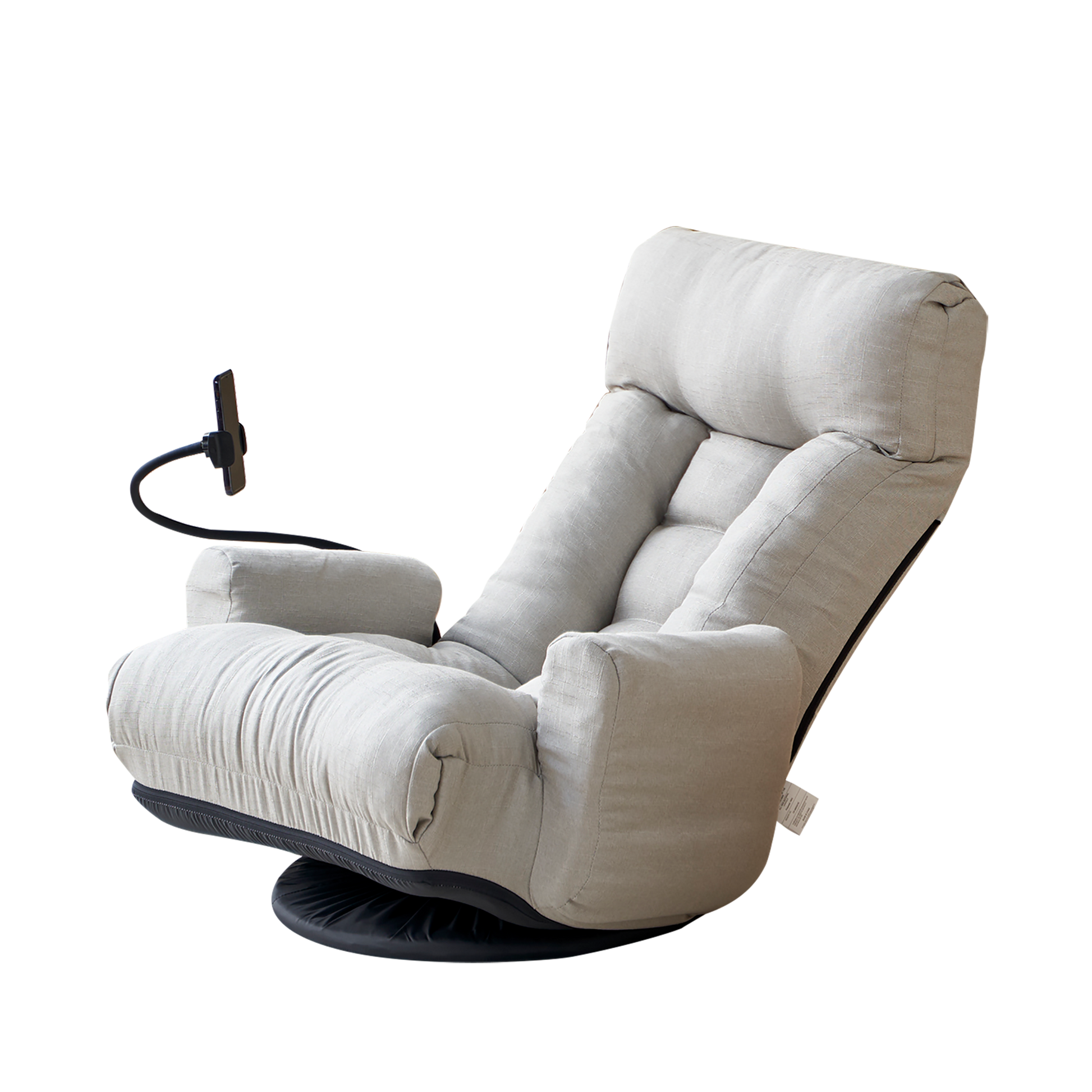 Comfortable light grey linen floor chair with adjustable backrest and tablet holder
