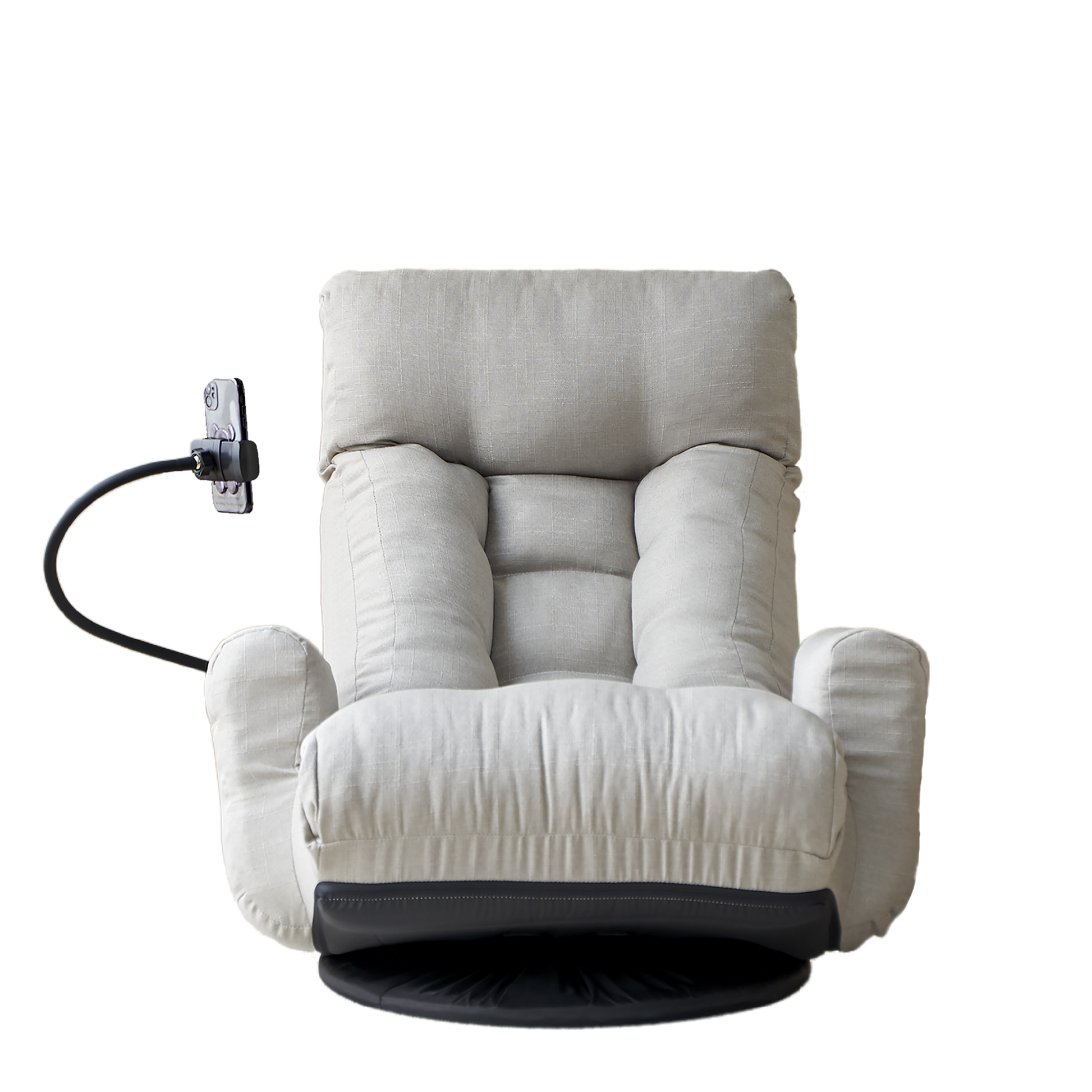 Comfortable grey fabric recliner chair with attached adjustable phone mount for easy viewing