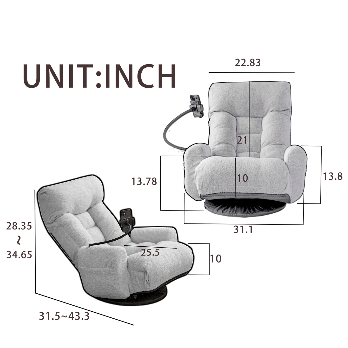 Light gray plush accent chair with adjustable recliner and integrated phone holder