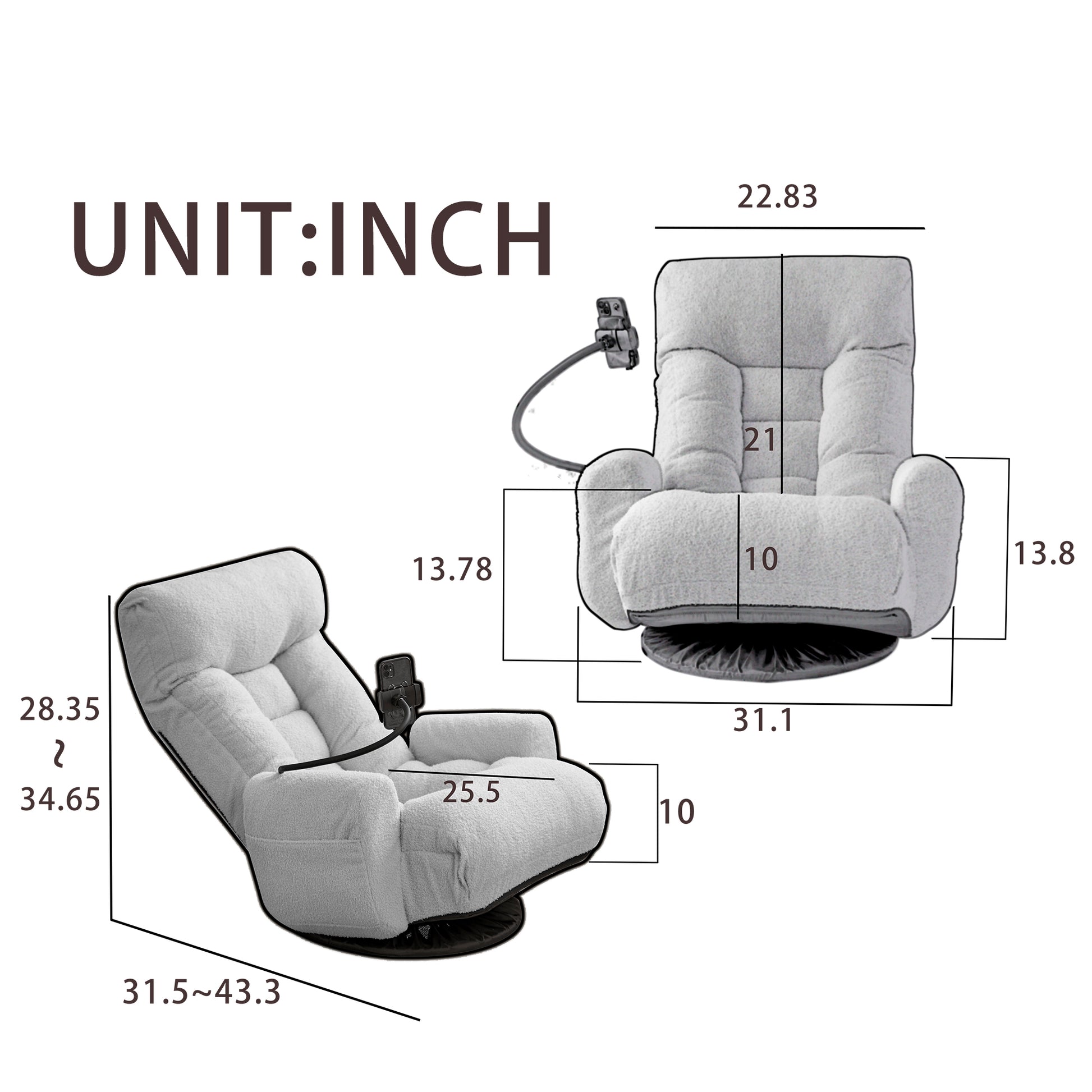 Light gray plush accent chair with adjustable recliner and integrated phone holder