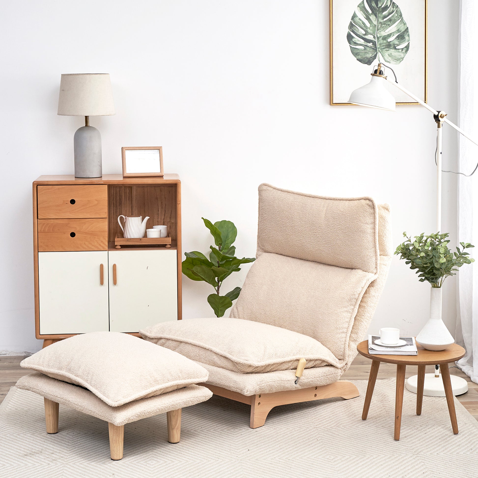 Plush beige accent chair with adjustable recline and matching ottoman for cozy living room relaxation