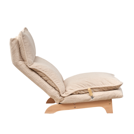 Plush beige floor lounge chair with adjustable wooden frame and soft teddy fabric