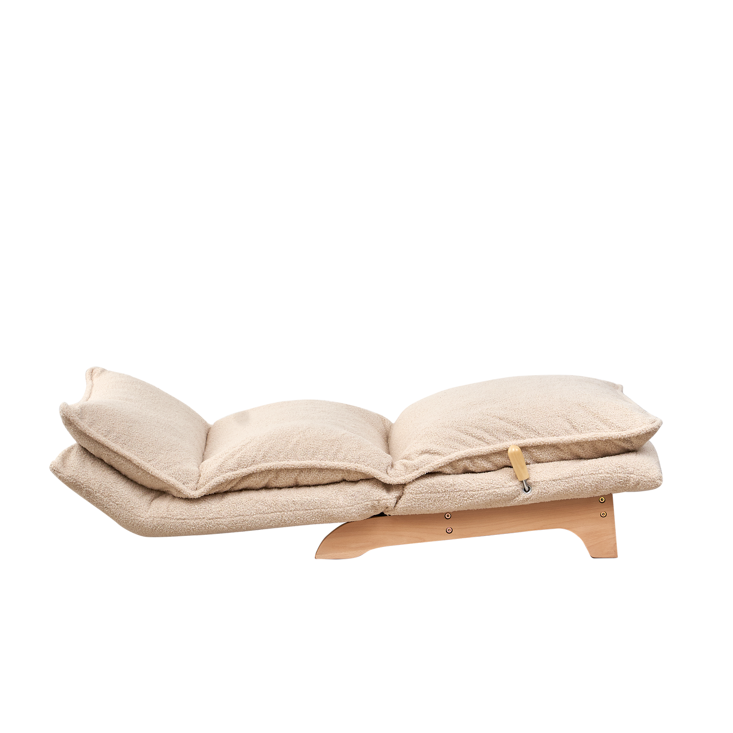 Beige plush floor chair with adjustable wooden frame for comfortable seating