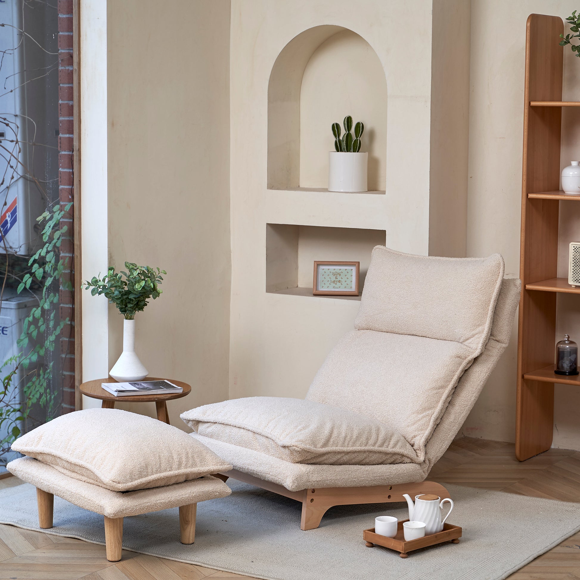 Plush beige adjustable lounge chair with matching ottoman for ultimate relaxation