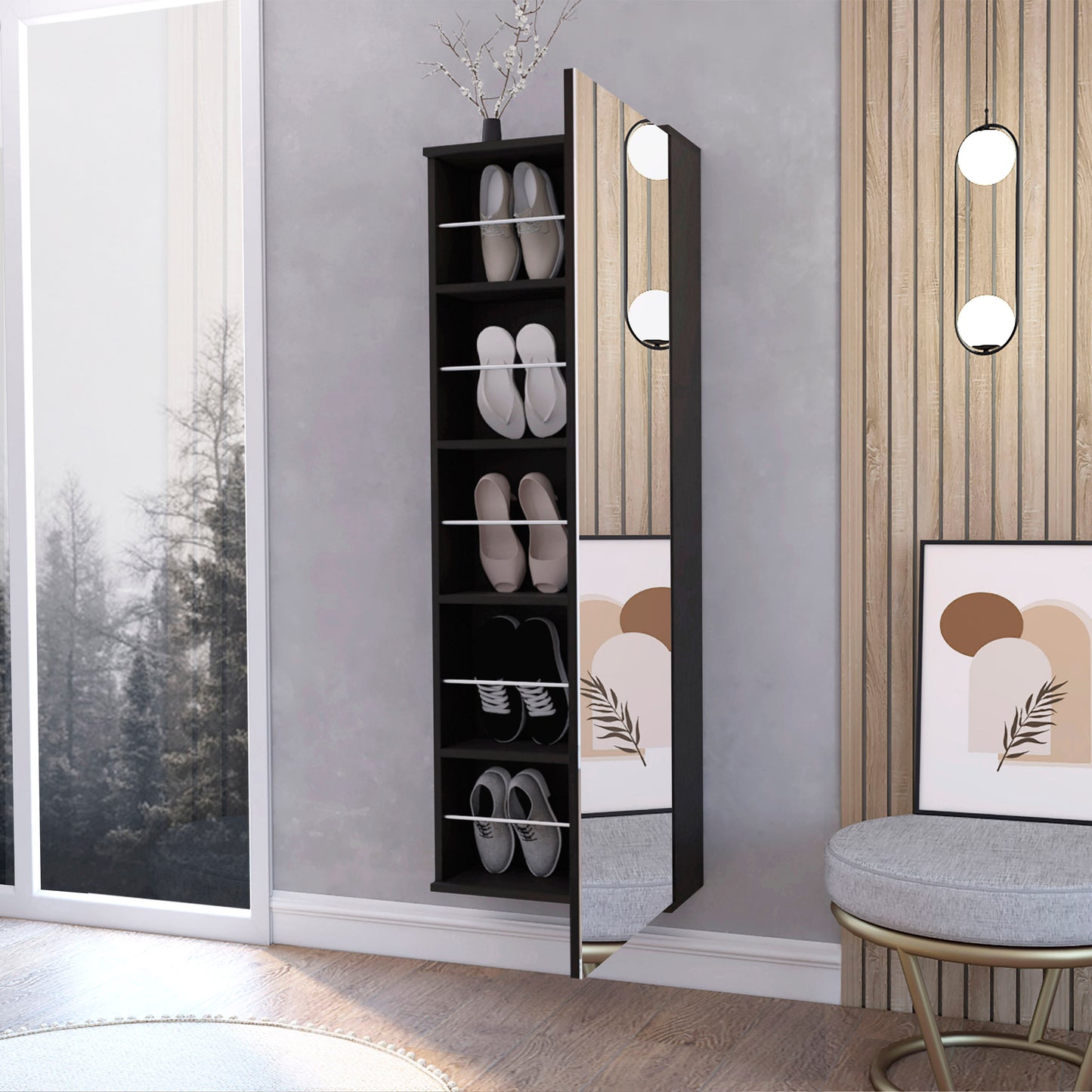 Slim black shoe cabinet with mirrored door storing various shoes