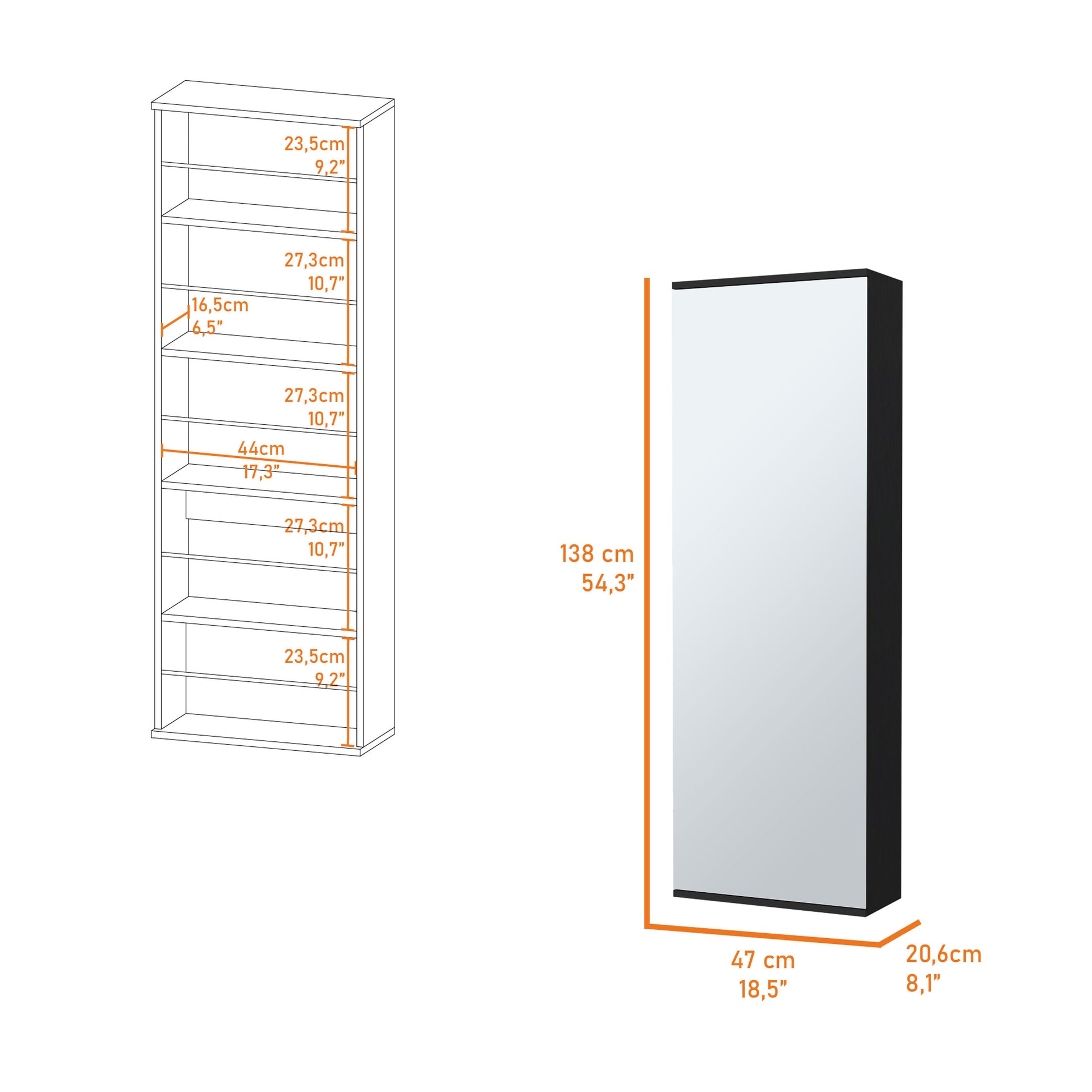 White tall bookshelf with  shelves and dimensions cm x cm x cm