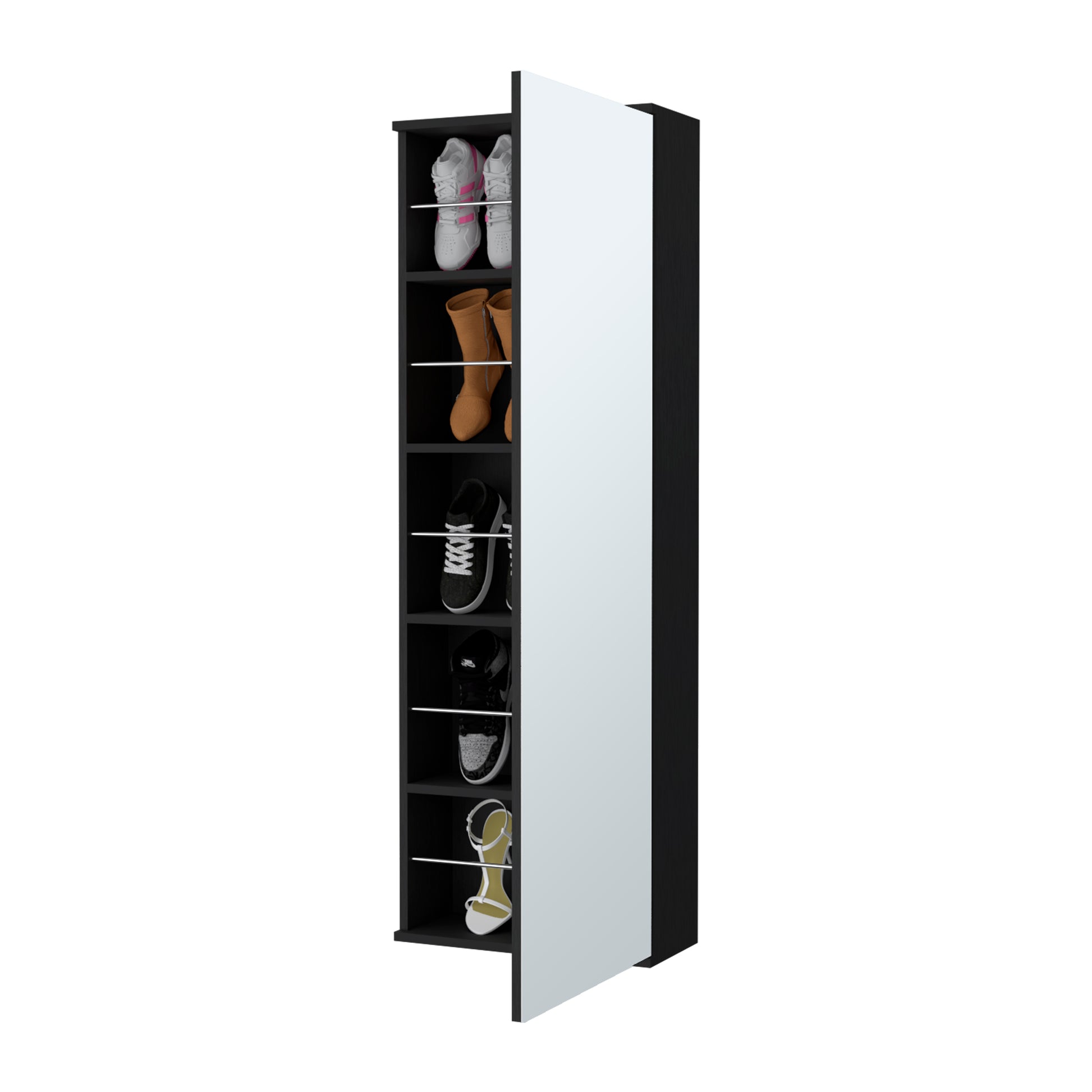 Black shoe rack with white sneakers and pink accents on top shelf