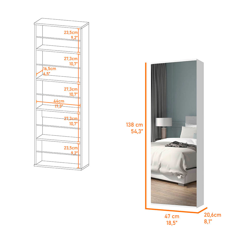White narrow bookcase with seven shelves and dimensions labeled