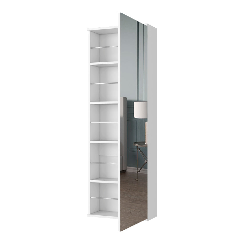 Tall white shelving unit with mirrored door