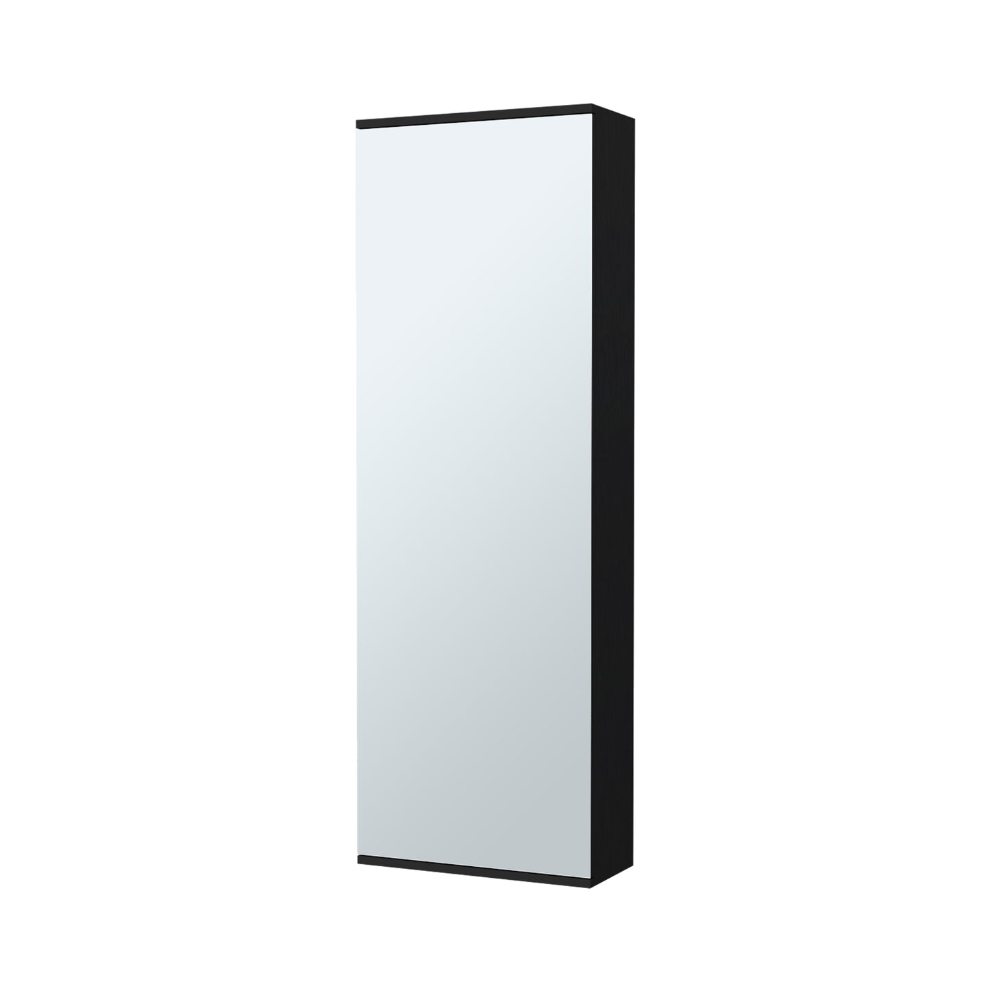 Tall slender black framed mirror reflecting a white wall