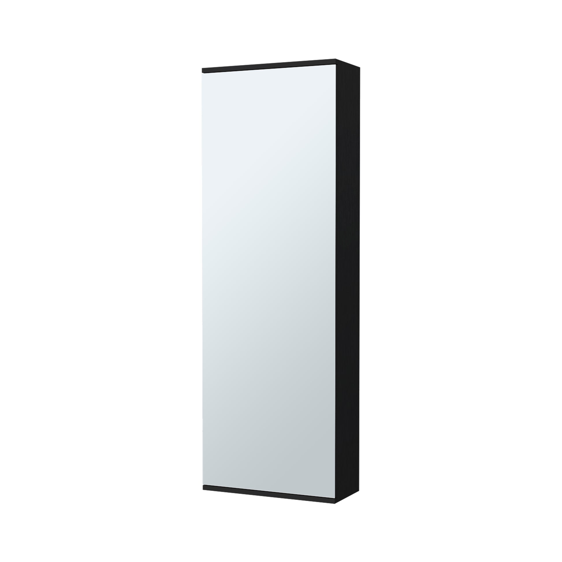 Tall slender black framed mirror reflecting a white wall