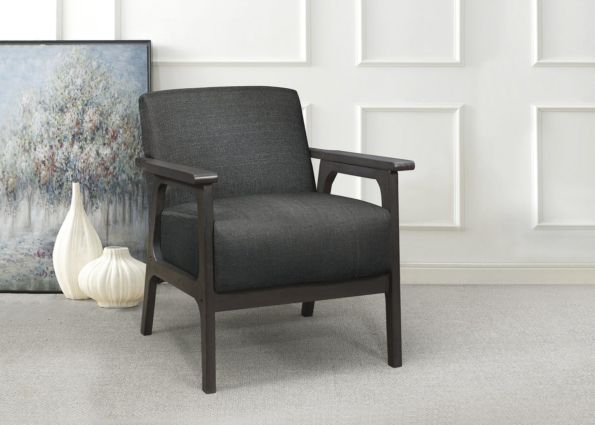 Dark gray fabric armchair with wooden arms and legs modern accent chair