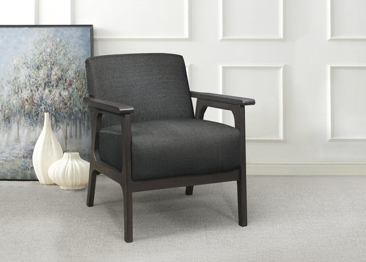 Dark gray fabric armchair with wooden arms and legs modern accent chair