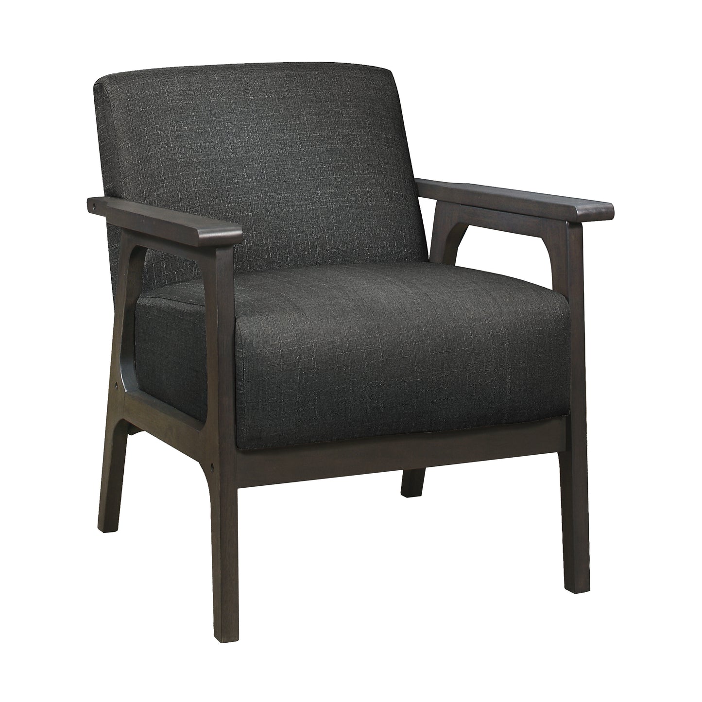 Dark gray upholstered accent chair with a modern wooden frame and armrests