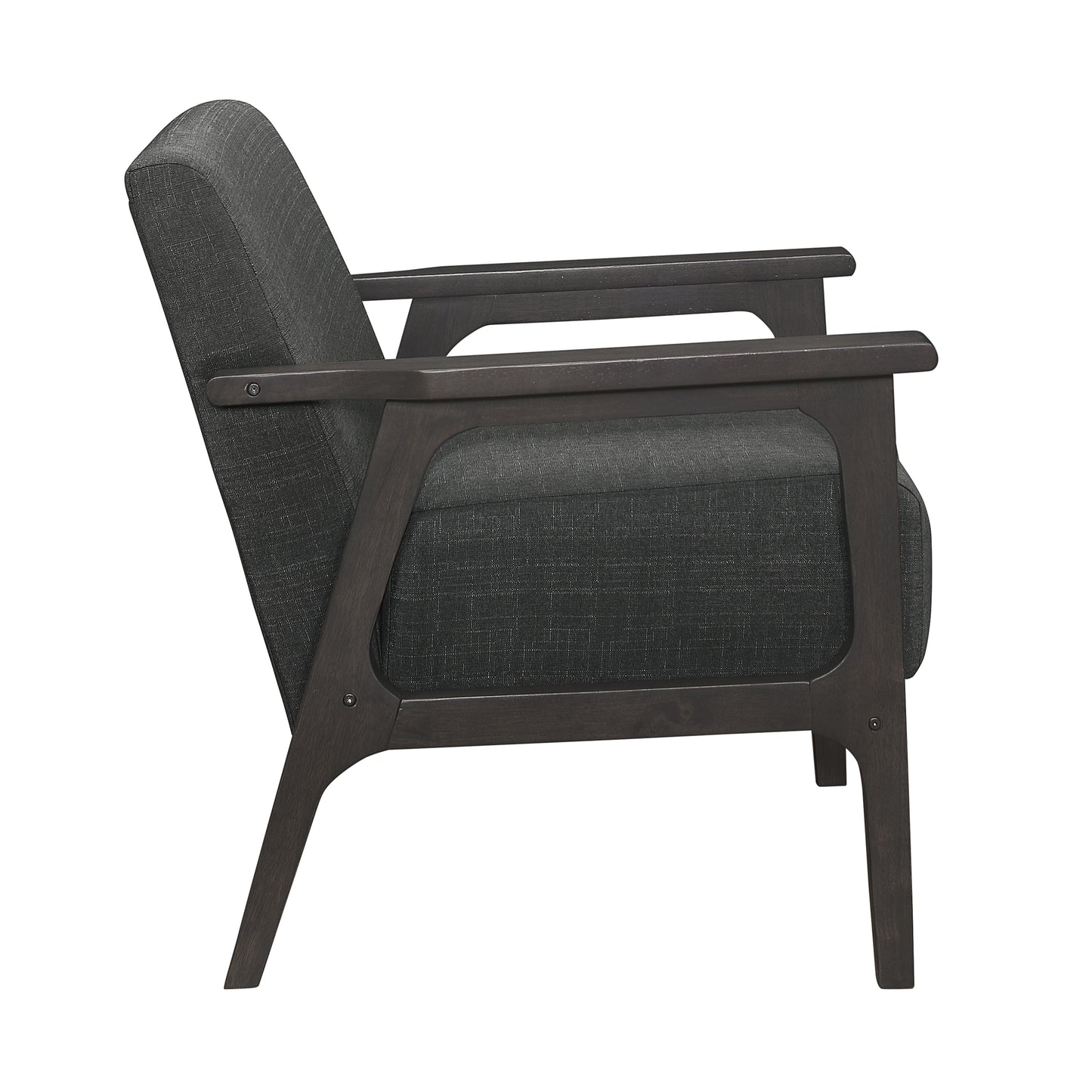 Dark grey fabric armchair with minimalist dark wood frame