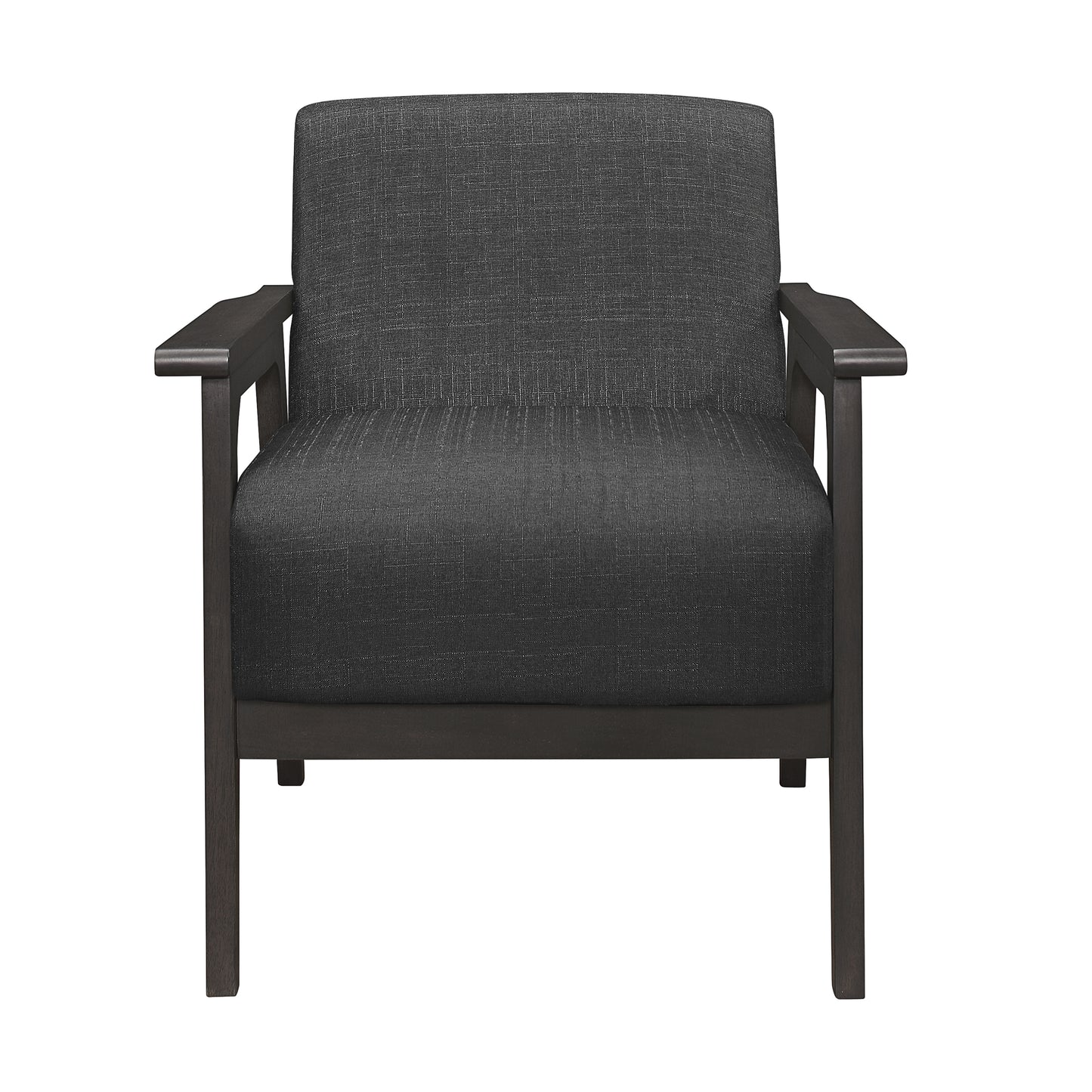 Charcoal grey fabric armchair with dark wood frame