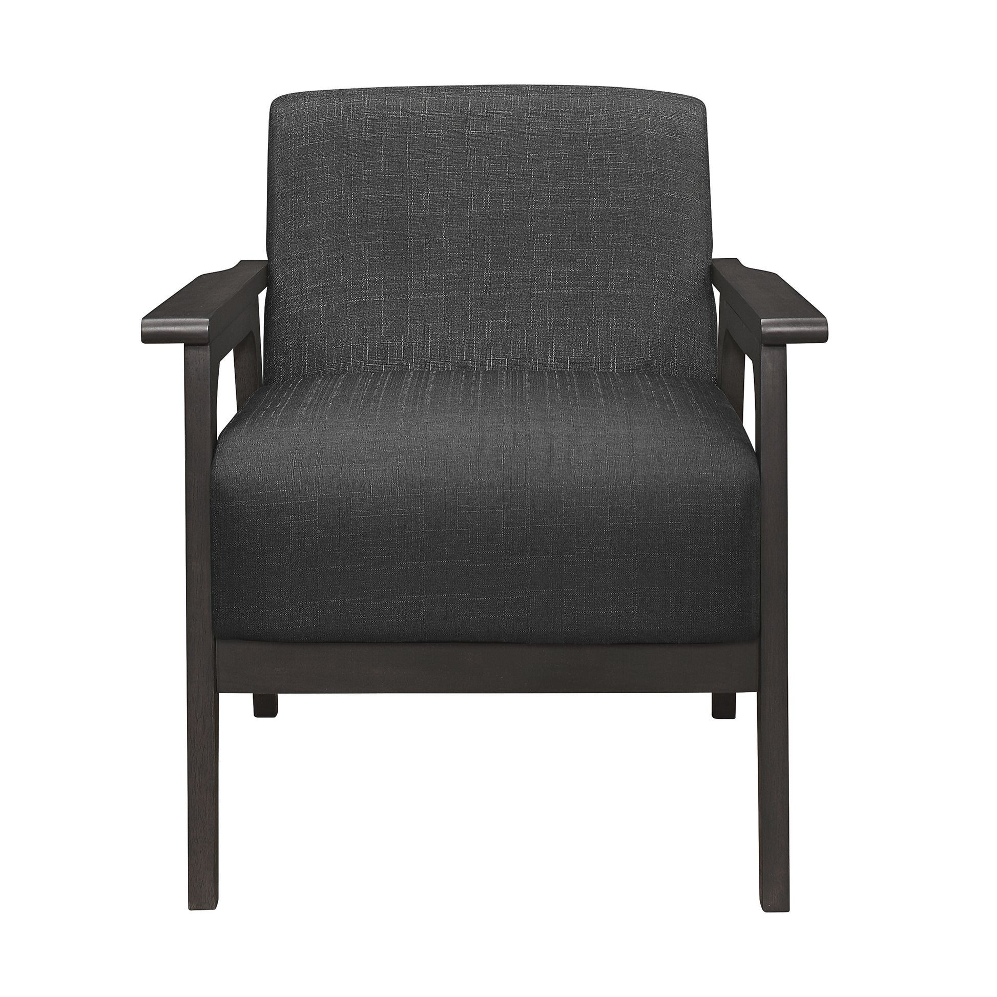 Charcoal grey fabric armchair with dark wood frame