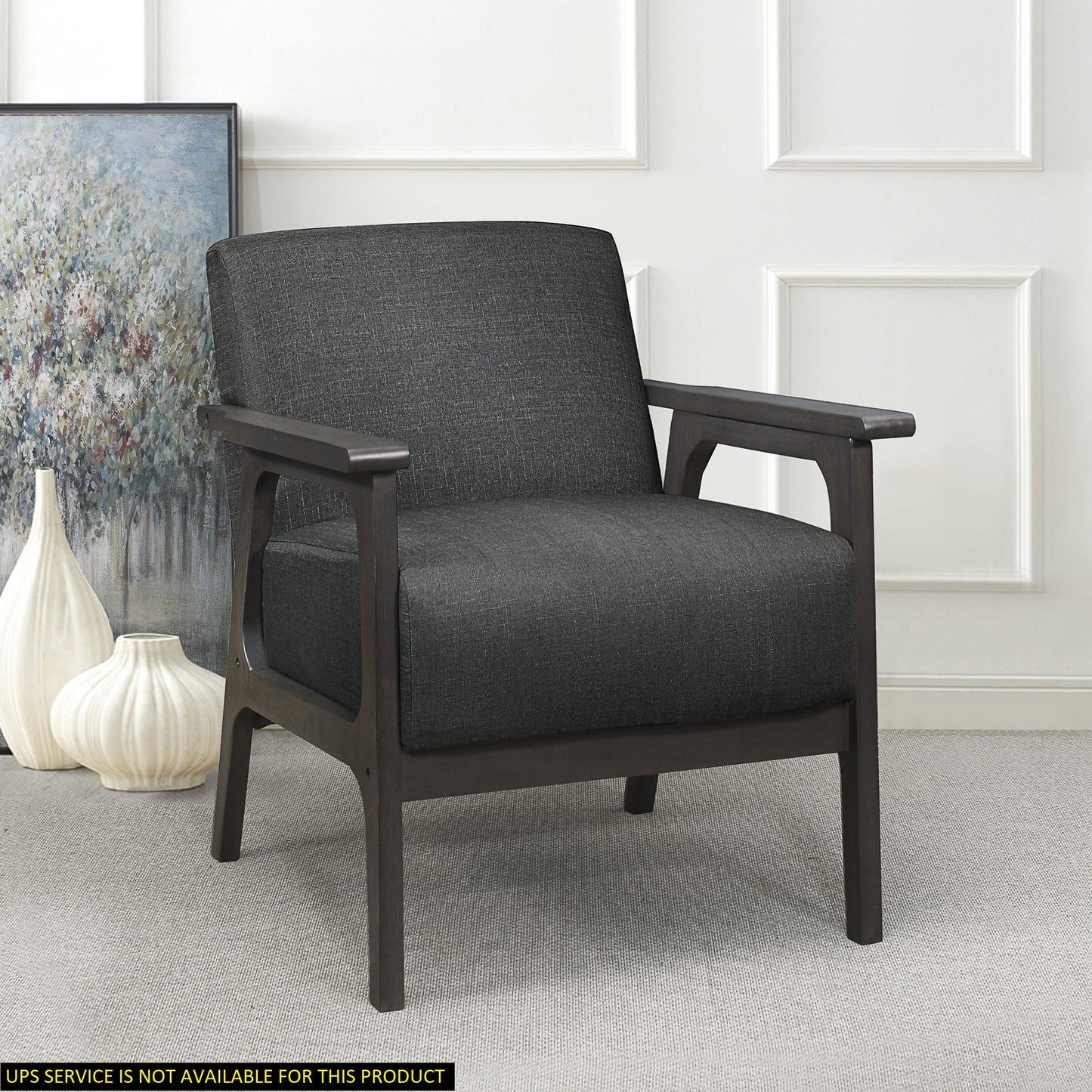 Dark grey fabric accent chair with dark wood frame perfect for modern living rooms