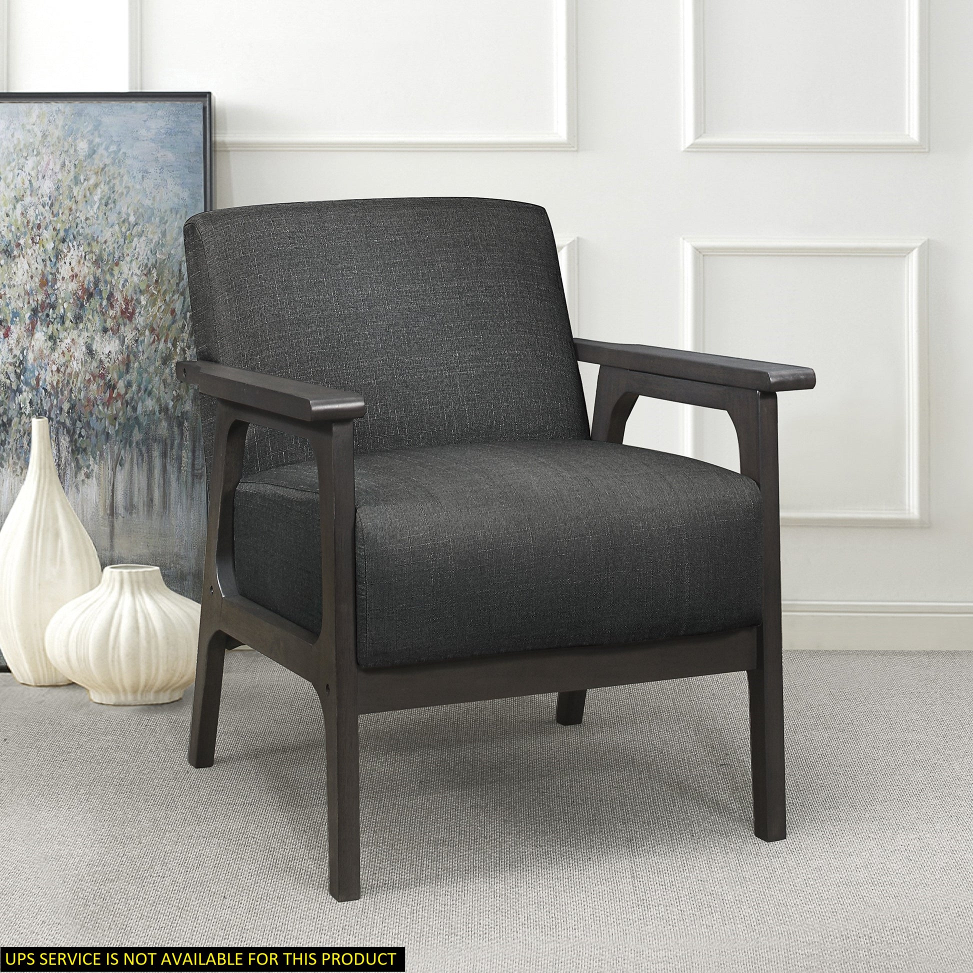 Dark grey fabric accent chair with dark wood frame perfect for modern living rooms