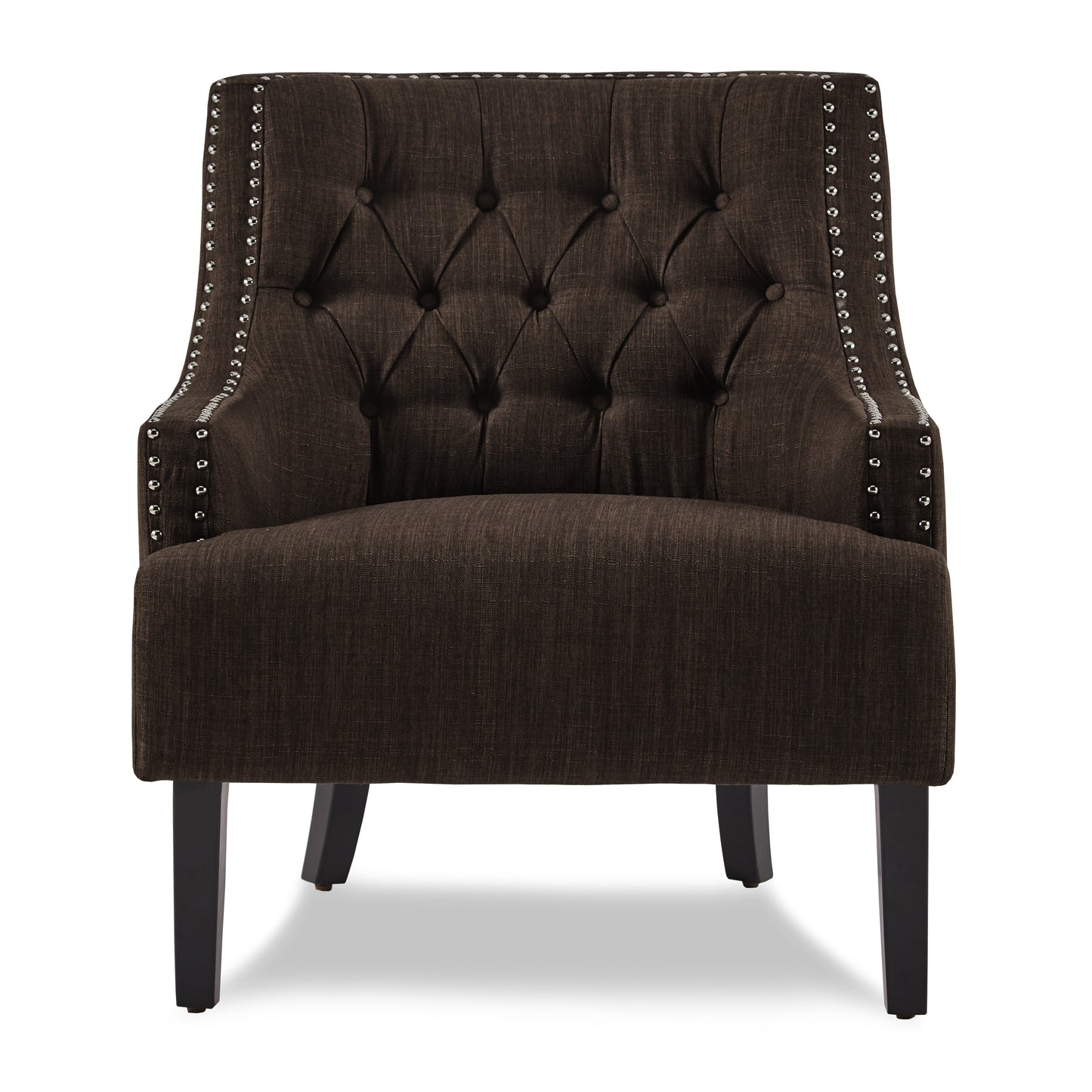 Dark brown tufted accent chair with silver nailhead trim and dark wood legs