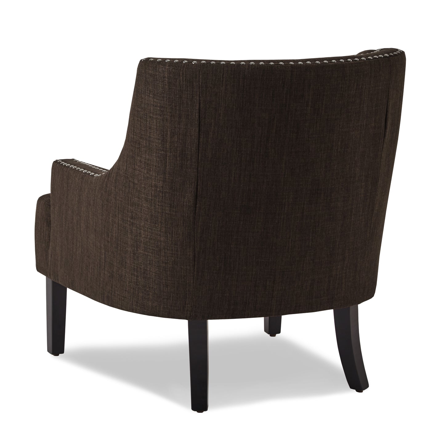 Dark brown upholstered accent chair with silver nailhead trim and dark wood legs