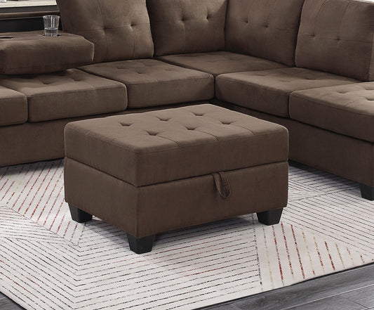 Brown tufted storage ottoman with dark wood legs complementing a sectional sofa