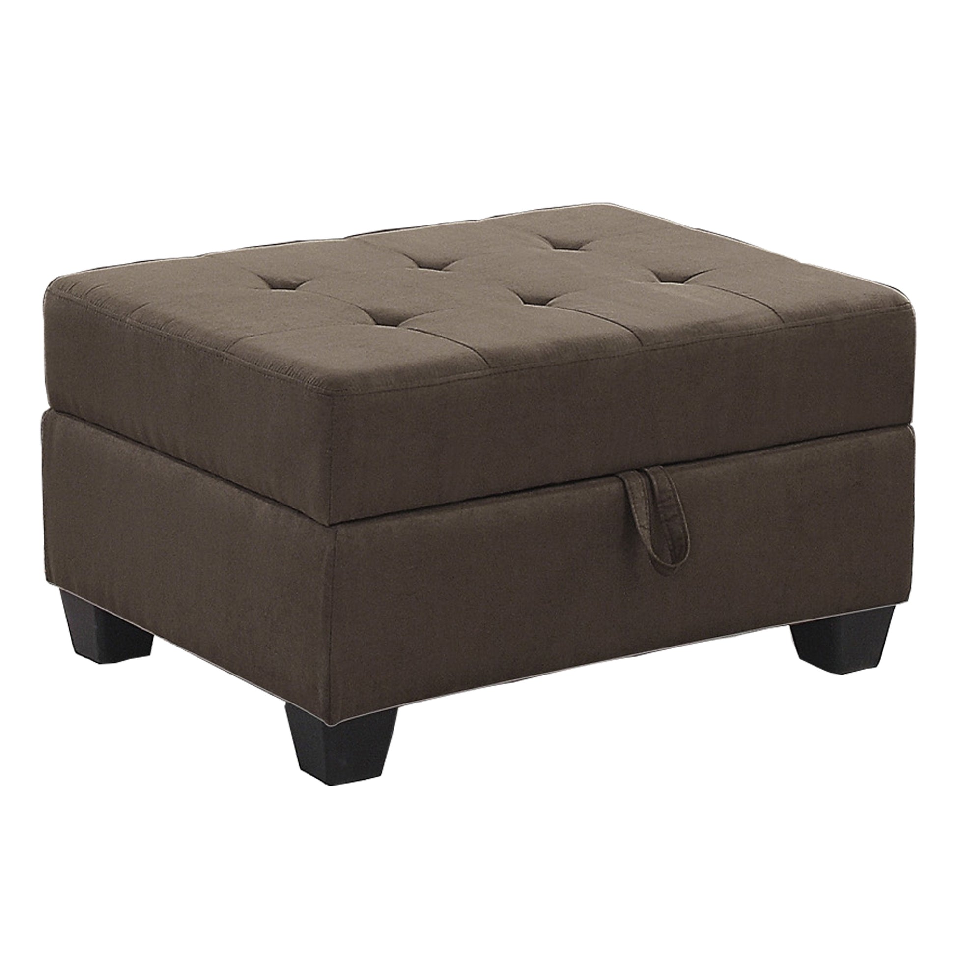 Brown tufted storage ottoman with dark wooden legs for living room comfort