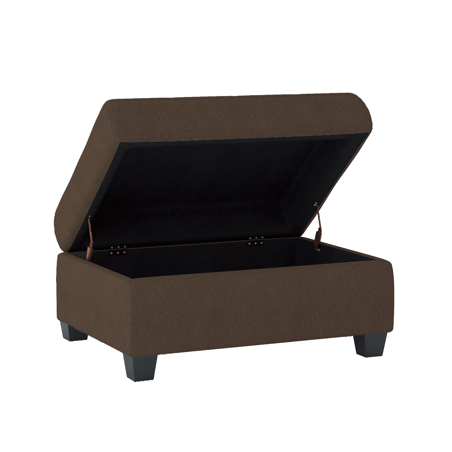 Brown fabric storage ottoman with lid open revealing dark interior