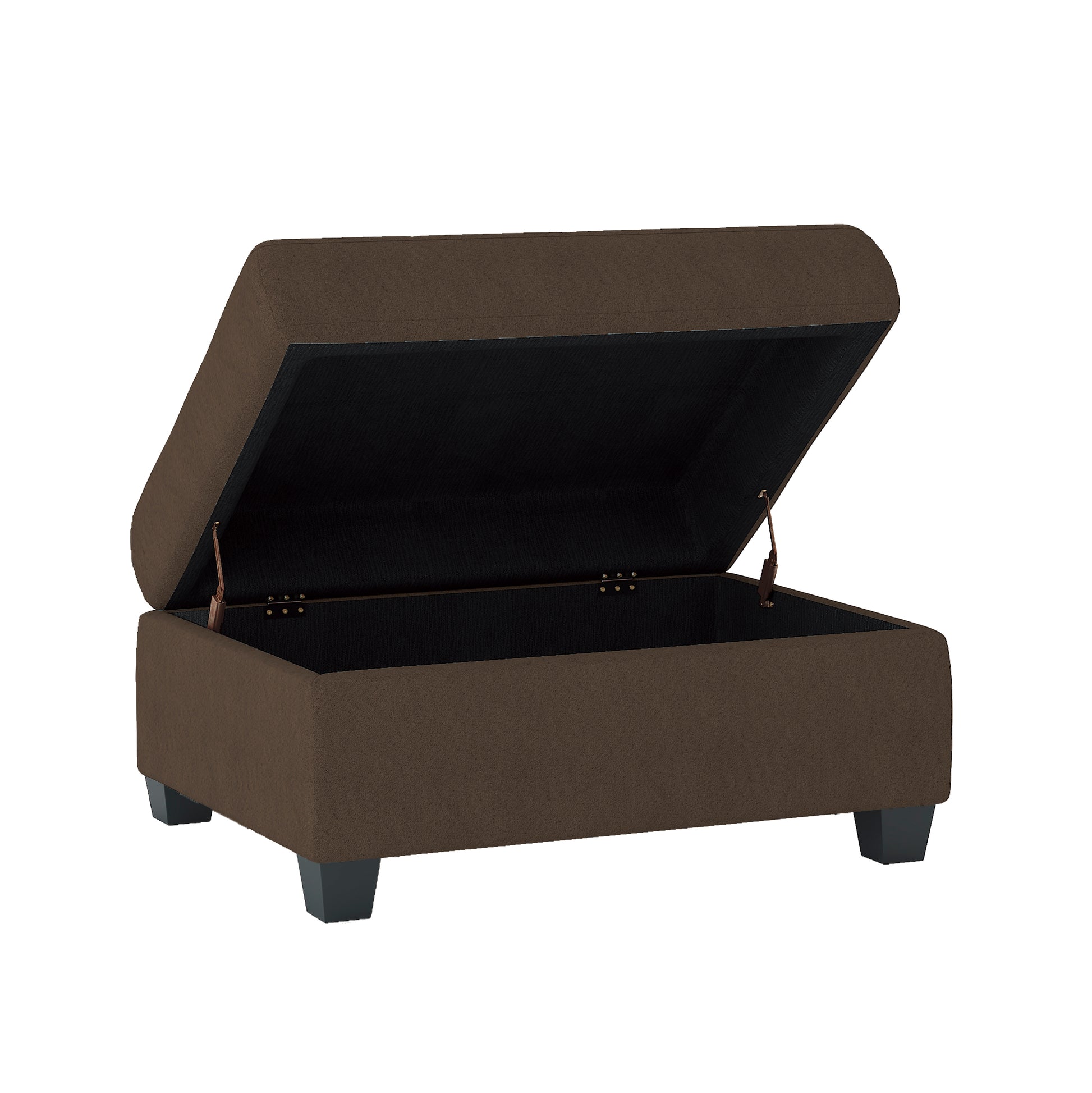 Brown fabric storage ottoman with lid open revealing dark interior